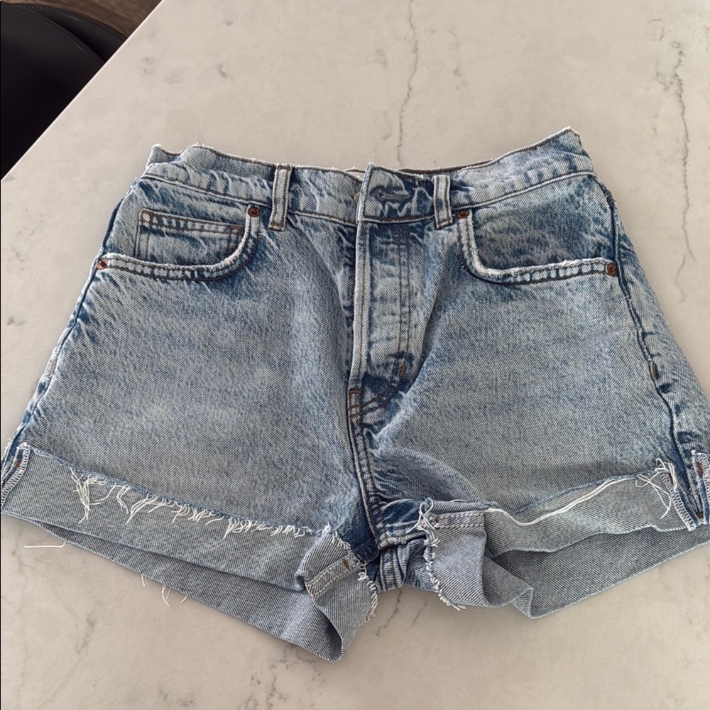 Reformation Blue Jean Shorts High-Waisted Distressed